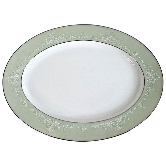 Noritake Maureen Serving Platter 6728 Green Rim White Scroll Silver Trim Japan - Picture 1 of 6